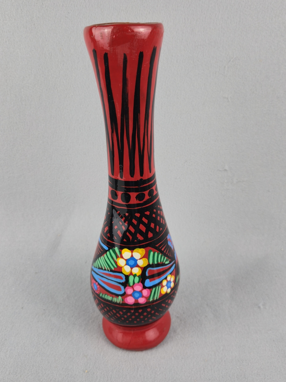 Vintage Mexican Clay Vase Hand Painted Bird Floral Folk Art Decor 13"